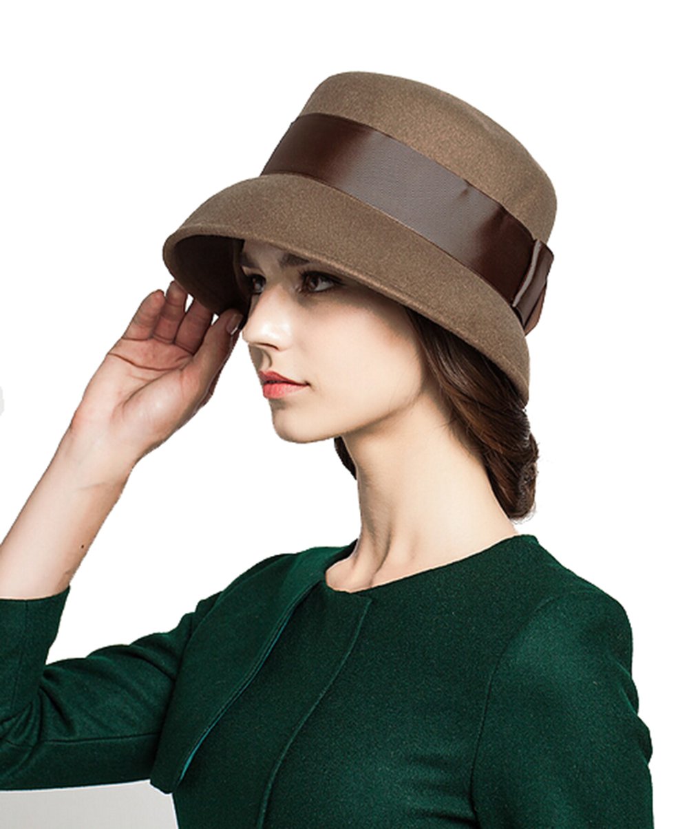 KM hatKm Women Autumn and Winter Bow Bucket Hat Pure Color Billycock Wool Cap