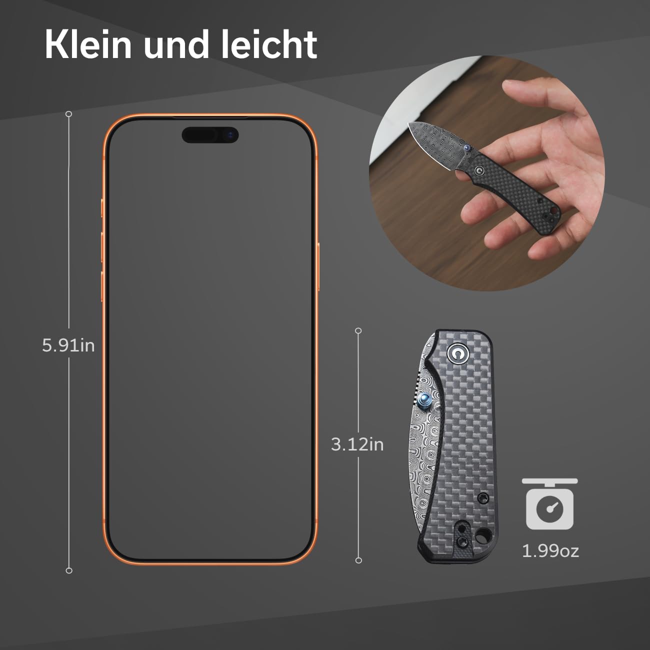 CIVIVI Baby Banter Taschenmesser Klappmesser mit 5,94cm Damastklinge, Kohlefaser- und G-10 Griff, Outdoor-Messer mit Clip C19068S-DS1