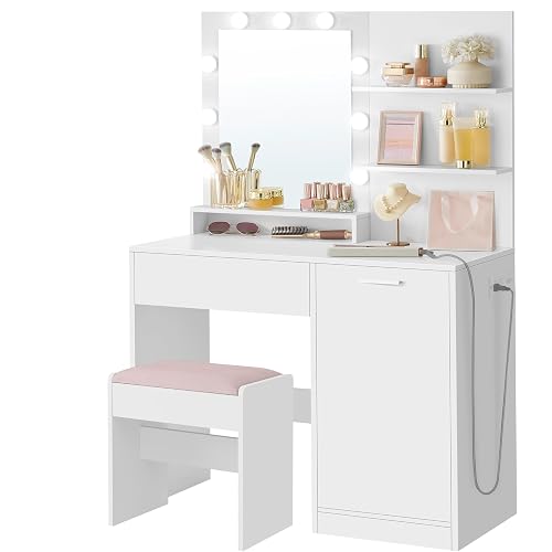 VASAGLE Vanity Desk with Mirror and Lights, 35.4-Inch Wide Makeup Vanity with Upholstered Vanity Stool, Power Outlets, Dimmable LED Lights, Storage Drawer, for Bedroom, Cloud White URDT128W01