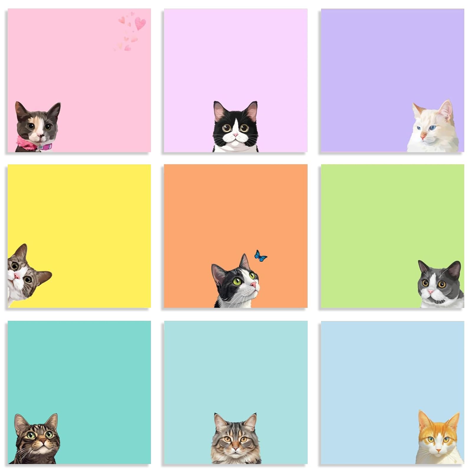 9 Pack Cute Cat Sticky Notes (76x76mm), 450 Sheets Black Cat Removable Self-Adhesive Memo Pads, Animal Page Markers & Stationery Supplies for Office, School, Teacher & Party Bag Fillers
