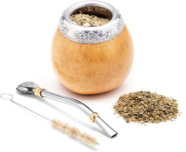 balibetov Yerba Mate Gourd Set (Original Natural Handmade Yerba Mate Cup Argentina) - Includes Mate Tea Cup, Bombilla (Yerba Mate Straw) and Clean Brush - Classic Mate Cup and Bombilla Set (Suela)
