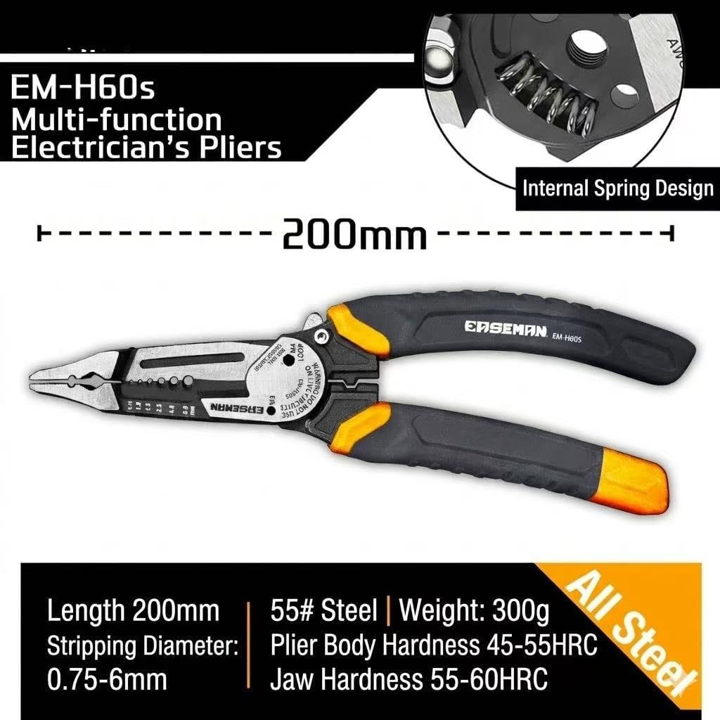 7-in-1 Wire Stripper and Crimping Tool, 8-Inch Heavy Duty Multi-Purpose Electrical Pliers with Wire Cutter, Bolt Shears, Built-in Spring Safety Lock (A)