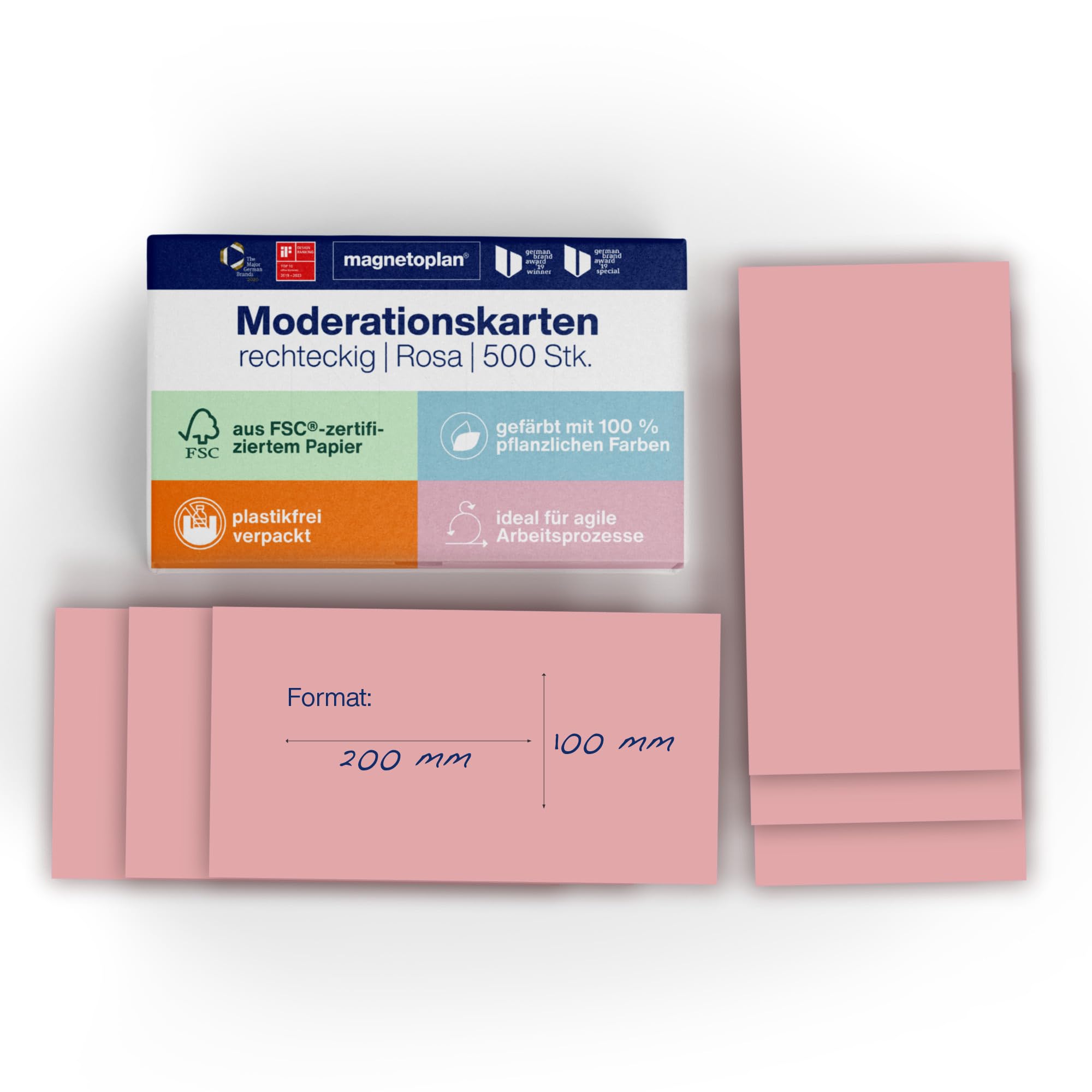 magnetoplan Moderationskarten, rechteckig | BxH 200x100 mm | 500 Stück | Kommunikationskarten in rosa | Für Meetings und Präsentationen | FSC-zertifiziert