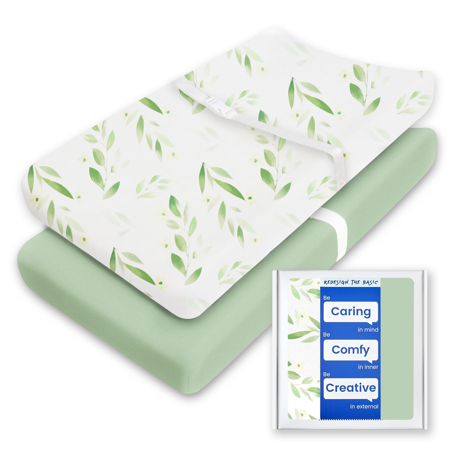 Changing Pad Cover for Girls Boys, TotBasic Premium Soft Boho Changing Table Covers, Stretchy Jersey Changing Table Sheets - Fits All Standard Changing Tables - 2 Pack (Sage Green&Botanical Leaf)-image-10