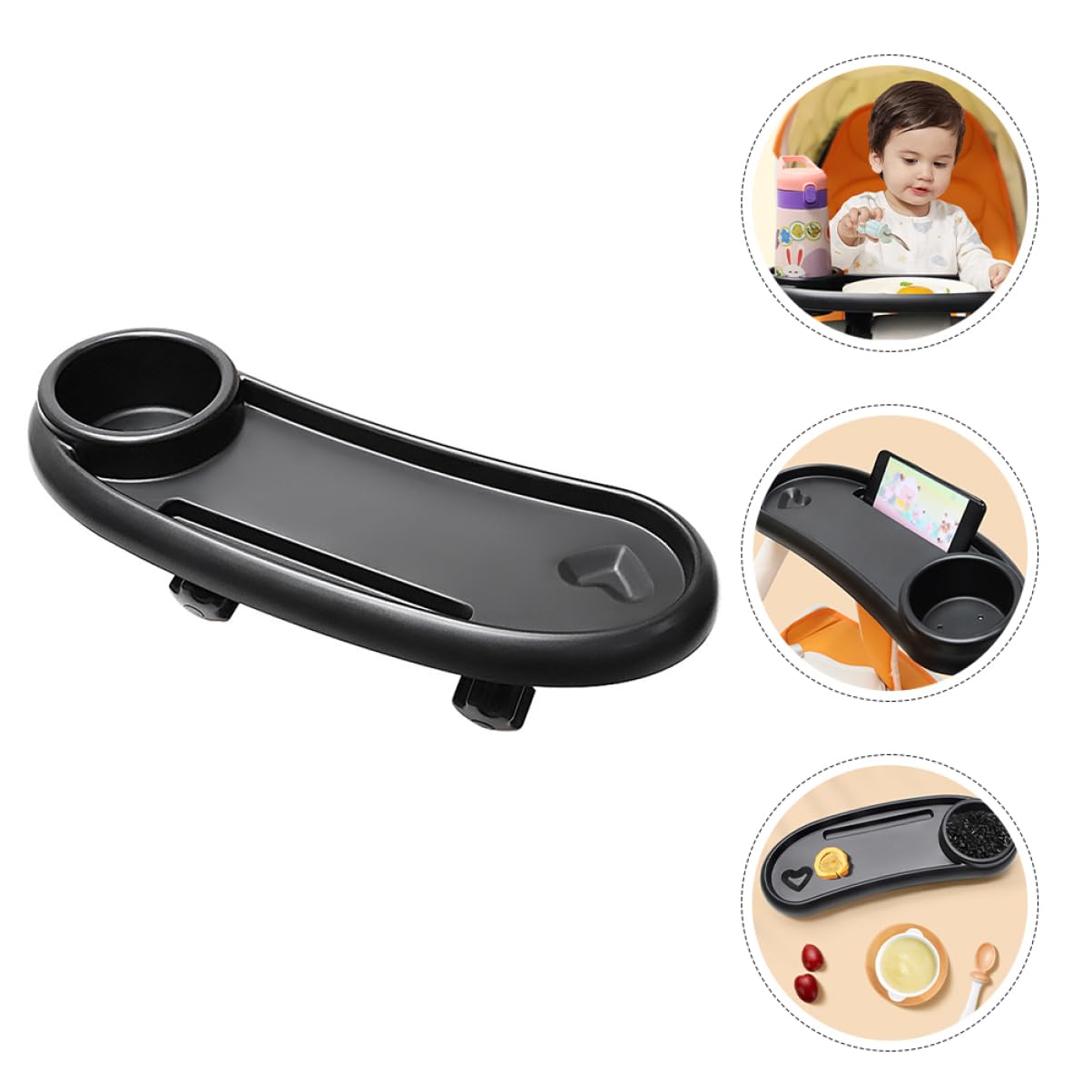 Plateau à Goûter Amovible pour Poussette Bébé, Porte-gobelet Intégré, Plastique Solide Noir, Accessoire Poussette Pratique pour Repas en Promenade, Installation Facile,