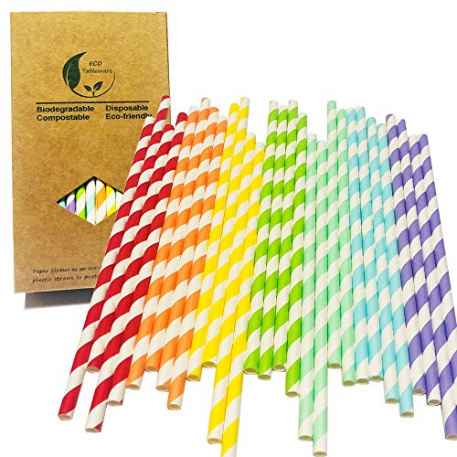 White and Red/Orange/Yellow/Green/Blueness/Blue/Purple Stripes Mix Colours 7 Rainbow Cocktail Party Paper Drinking Straw, Decorated Party Goods and Party Accessories Drinking Paper Straws
