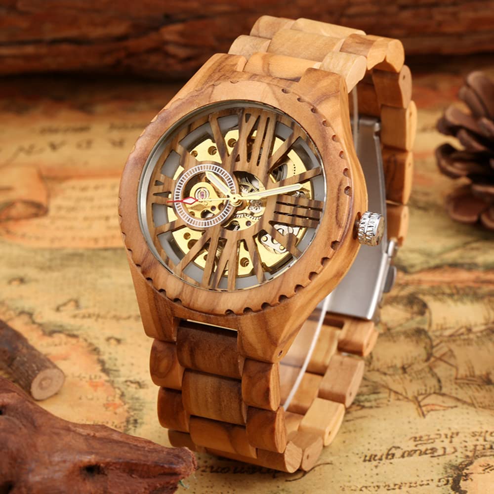 Relojes esqueléticos mecánicos de madera de los hombres de la moda, reloj de correa de madera sin batería para los hombres, relojes mecánicos de madera con esfera de números grandes romanos, M804.
