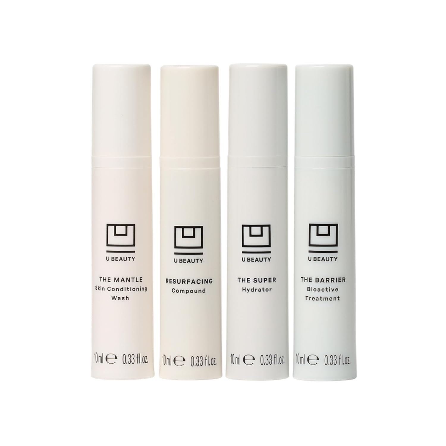 U Beauty Trial Index Set Volume 2 - Trial Size Skin Care Set with a Gentle Cleanser, Resurfacing Hyaluronic Acid Serum, Daily Face Hydrator, and Night Cream Moisturizer - 4-Piece Kit, 0.33 fl oz