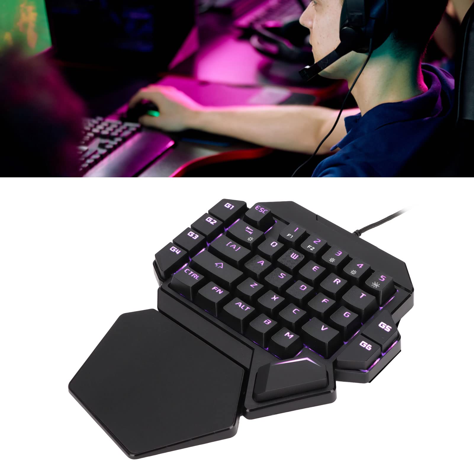 Tastiera con Una Sola Mano, 6 Tasti Multimediali Programmabili, con Supporto per Poggiapolsi, Retroilluminazione RGB, Design Ergonomico, Mini Tastiera da Gioco Portatile a 35 Tasti per PC Gamer