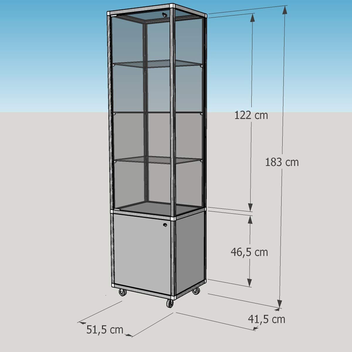 Glasvitrine T 41,5 x B 51,5 x H 183 cm - schmale Ausstellungs-Vitrine mit Unterschrank abschließbar - Glas Vitrinenschrank ohne Beleuchtung