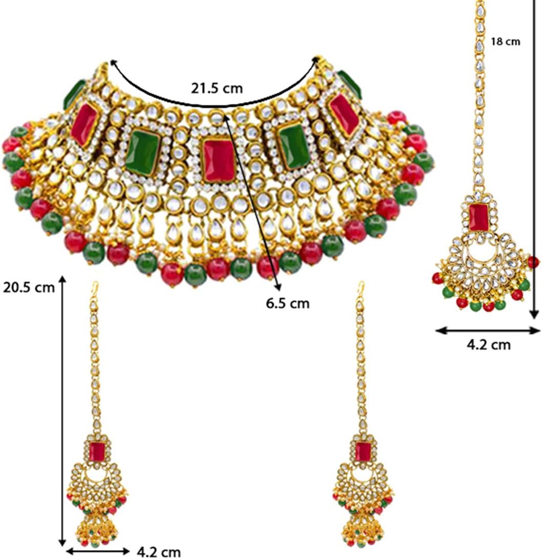 Aheli Traditional Faux Kudan Choker Necklace Earrings Maang Tikka Set Bollywood Wedding Indian Bridal Bharatanatyam jewellery set Gift for Women