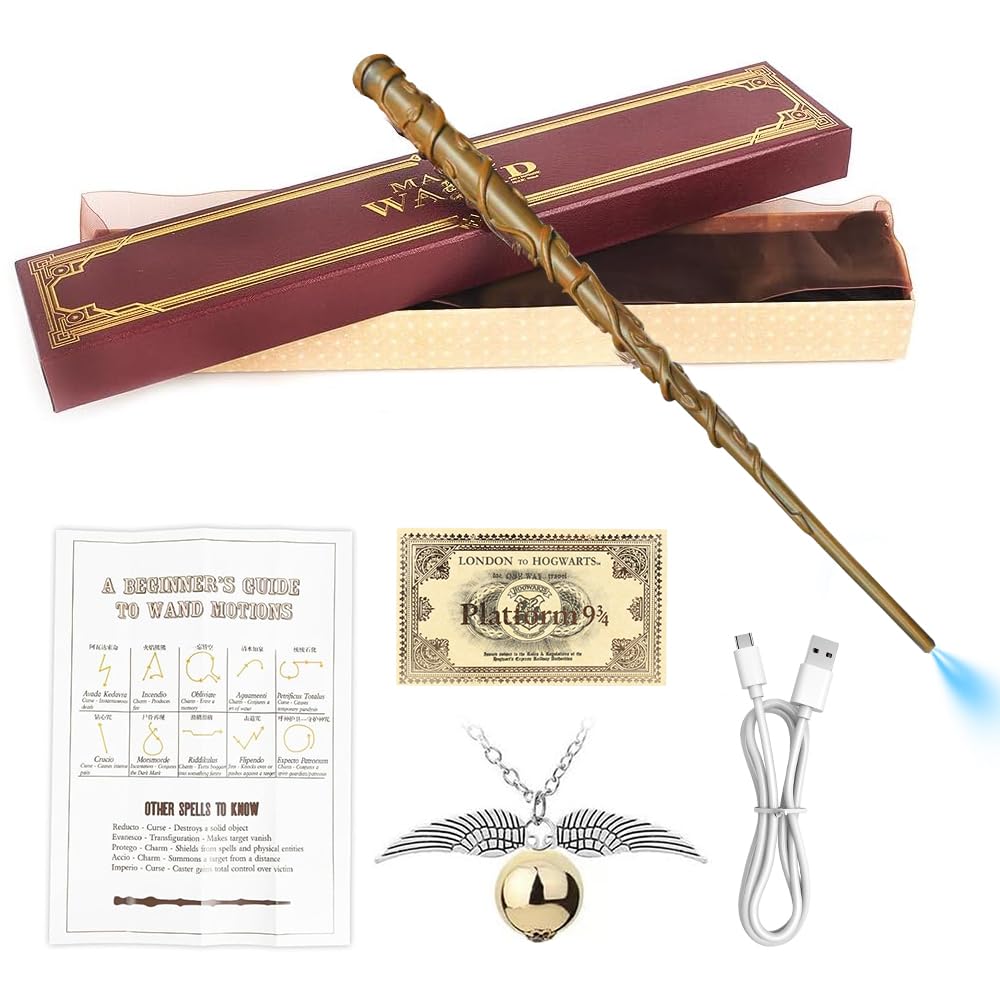 Baguette Hermione Granger, 37CM Baguette Hermione avec Noyau Acier, Réplique De Baguettes en Résine, USBBaguette Harry Boîte Cadeau vec Carte de Sort, Ticket de Station et Collier
