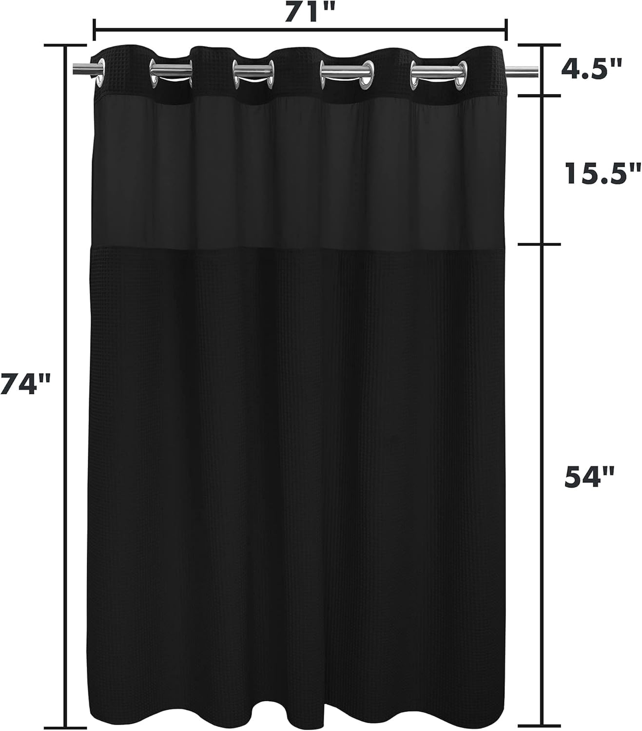 River Dream Black Fabric Shower Curtain Set, Cotton Blend, Waffle Weave, with Snap in Replacement Liner，71 x 74 inches