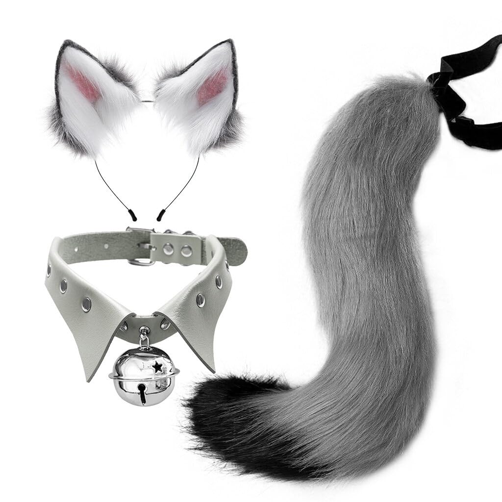 Uposao Tail and Ears Set Long Fox Tail Cosplay Faux Fur Furry Fox Wolf Tail Kit with Ears and Bells Collar for Anime Fancy Dress Party Halloween, Christmas, Costume Role Play