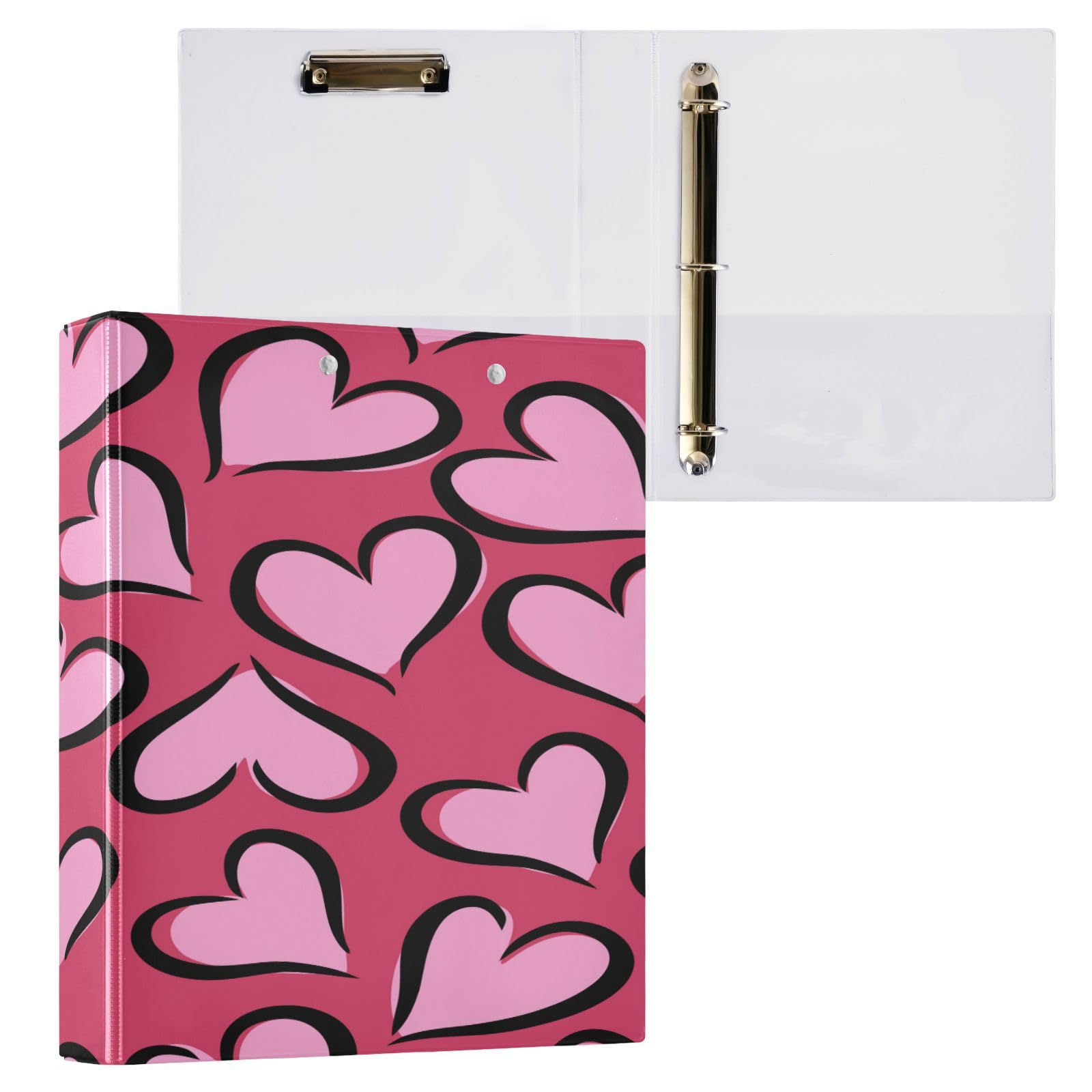SKYSHU Love Heart - Raccoglitori ad anelli rotondi con 3 tasche interne in PVC trasparente, impermeabili, robusti, 3,8 cm, con clip in metallo antiscivolo, raccoglitori versatili per 200 fogli,