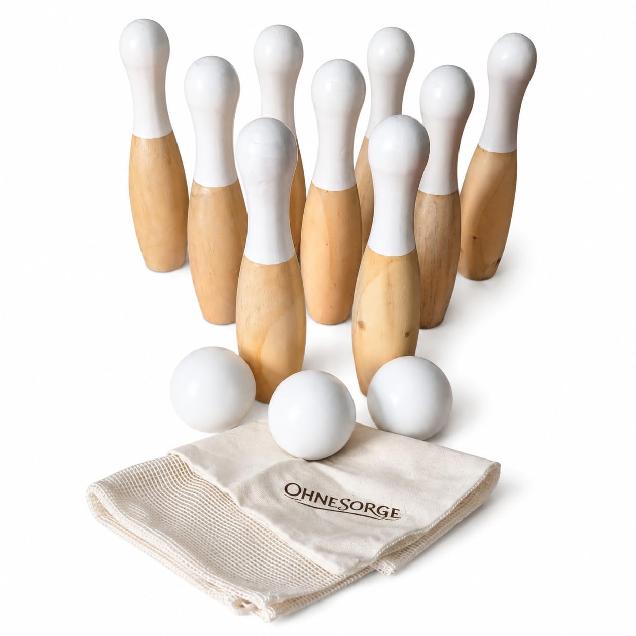 OhneSorge Holz Bowling Set für Kinder & Erwachsene – 9 Kegel & 3 Bälle – Kegelspiel aus Kiefernholz inkl. Tragetasche – 19cm – Indoor & Outdoor Spiel für Garten, Park & Familie