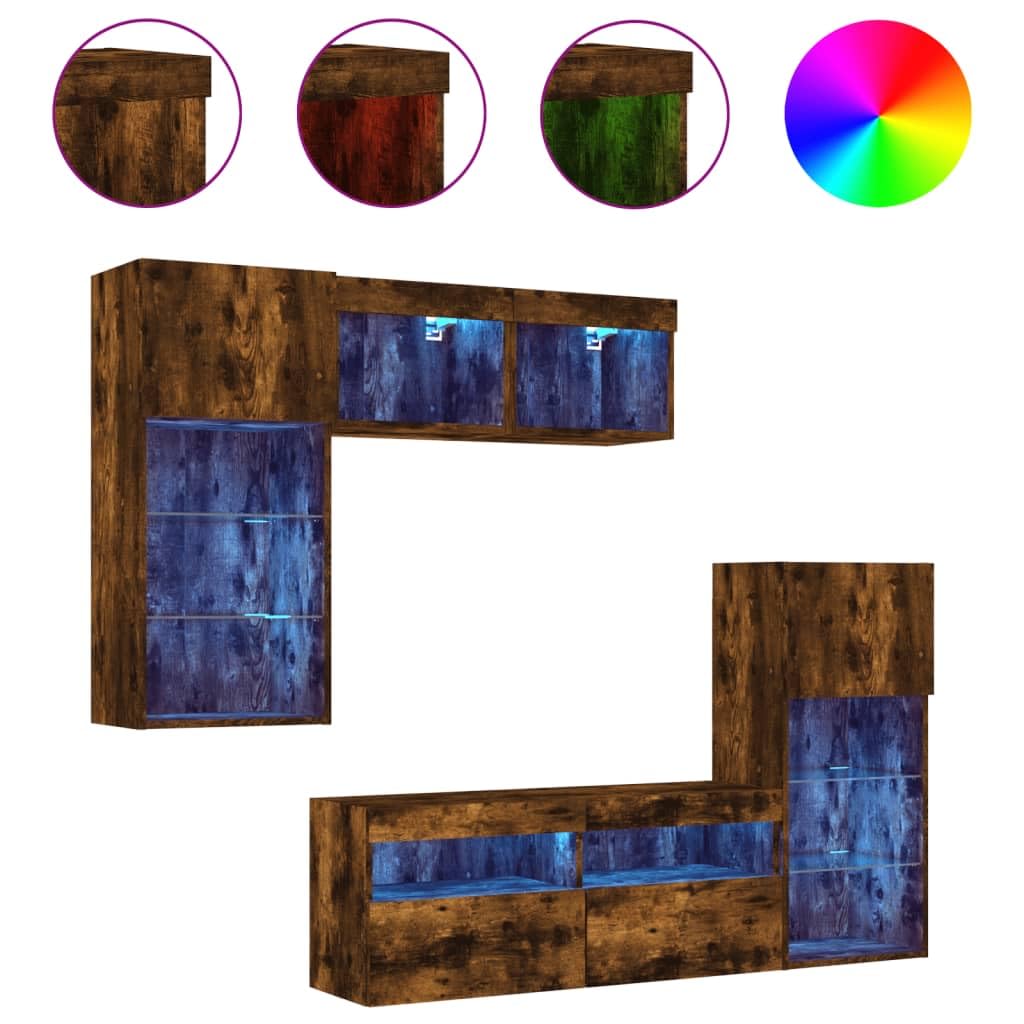Ścienny zestaw mebli TV z oświetleniem LED RGB, 5-częściowy, w kolorze przydymionego dębu, z szafką pod telewizor i dużą ilością miejsca do przechowywania.