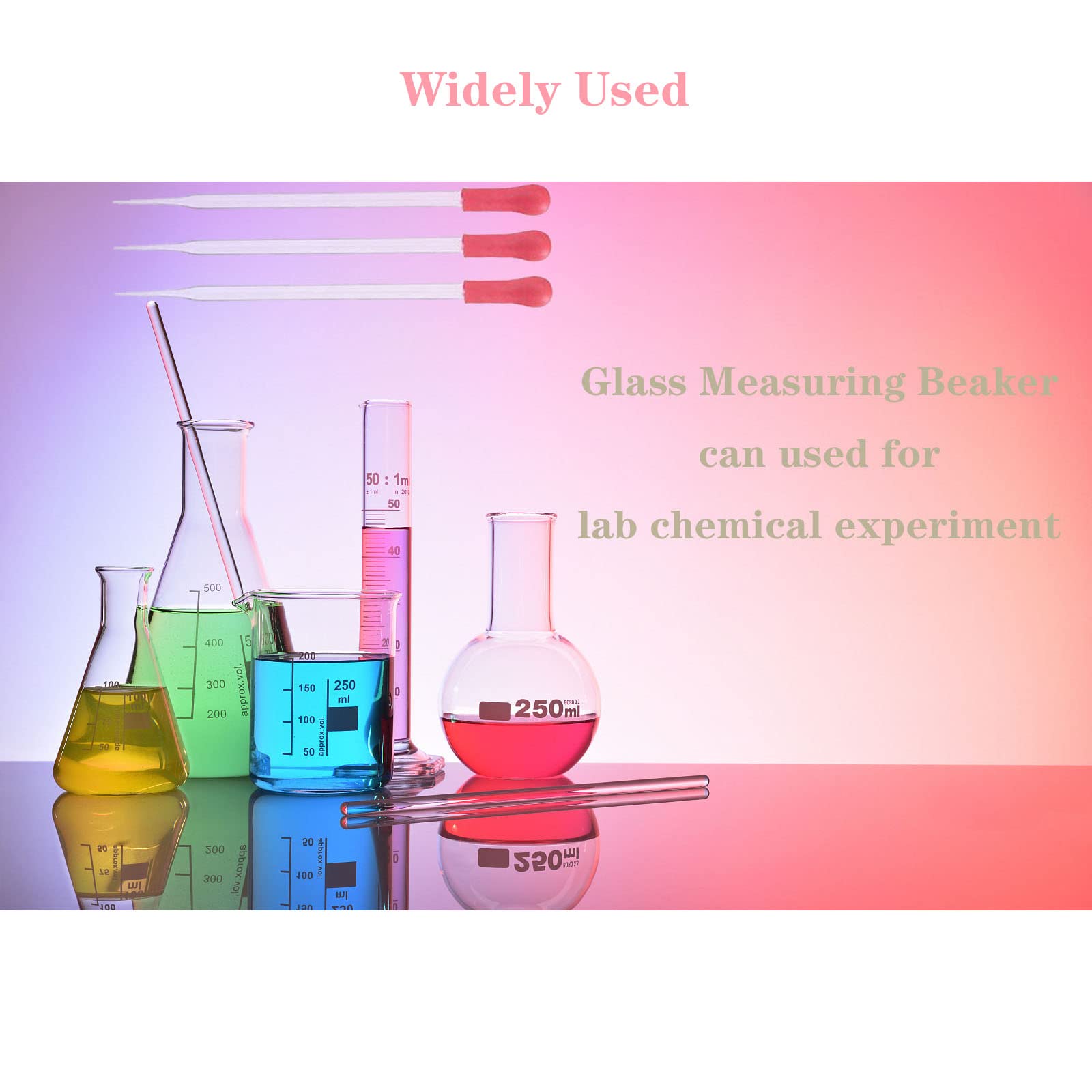 Juego de vasos de precipitados de vidrio, tazas medidoras graduadas, vasos de precipitados de forma baja con pipetas de vidrio, jarra medidora transparente con pico, recipiente de almacenamiento de