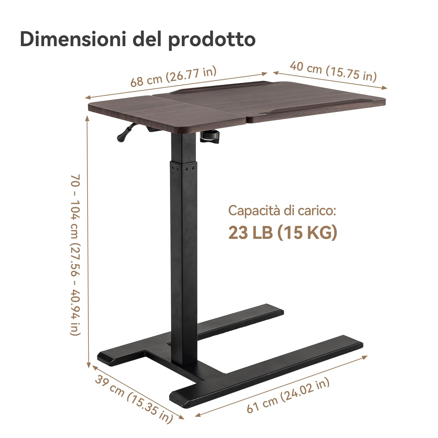 SIHOO D01 tavolino da letto-Scrivania Regolabile Altezza con Ruote,Comodini camera,Sistema Pneumatico, Montaggio Rapido e Qualità Eccellente per Casa/Ospedale (Legno di noce scuro)