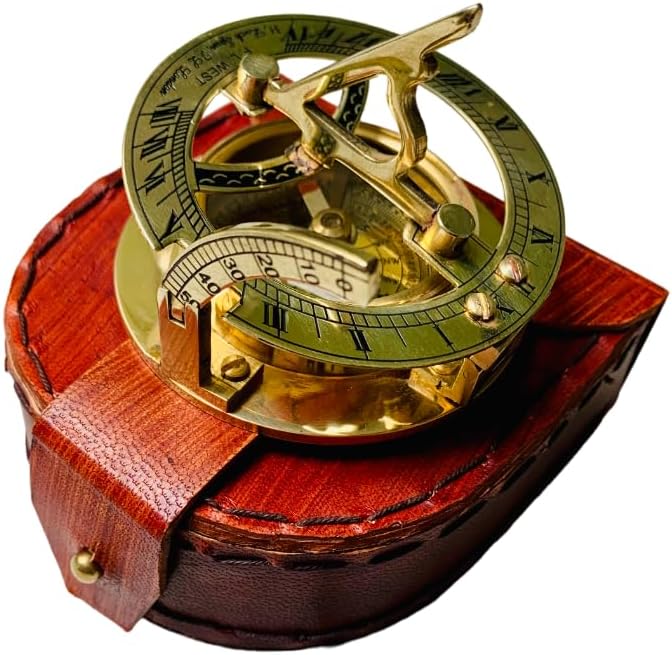 Brass Nautical - Sundial Compass with Intricate Detailing Leather Case Sundial Working Pocket Compass Best Gift