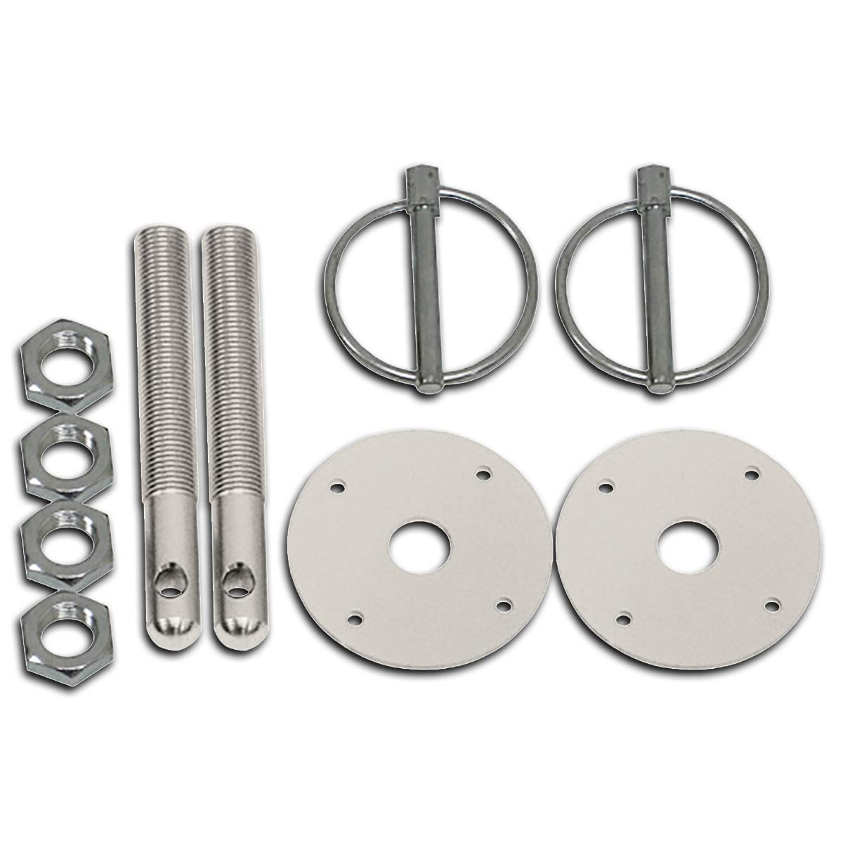 Cobra Tek- CBK-HZ-4051-SIL- Replacement 2X Silver Aluminum Hood Pin Kit 1/4 Flip Over Ring 1/2 x 4 Steel Pin Scuff Plate, Chevy Ford GM Hot Rod Muscle car Drag Race. (Silver)