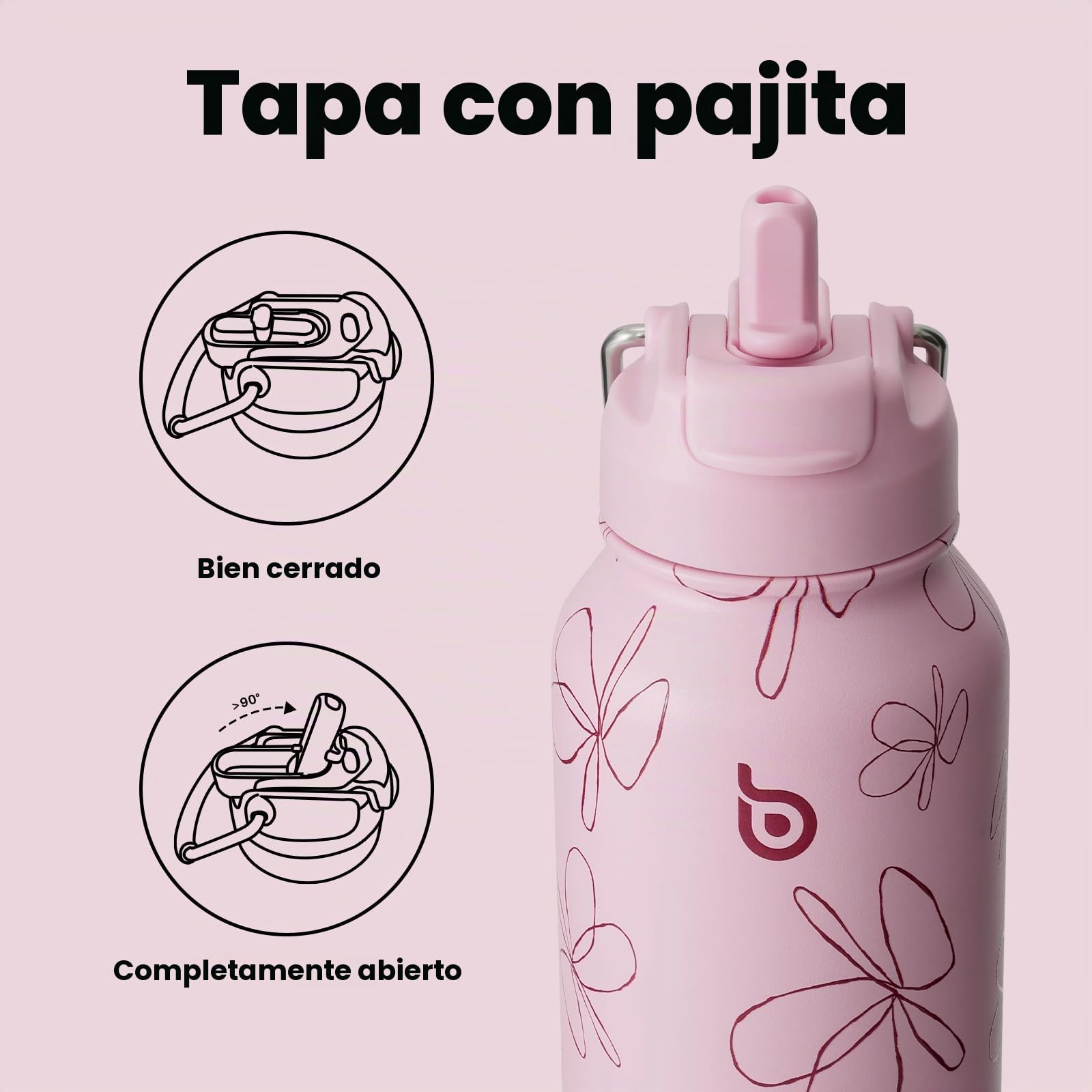 BOTTLE BOTTLE Botella isotérmica con pastillero, 900 ml, botella deportiva de acero inoxidable para exteriores, senderismo, flor rosa