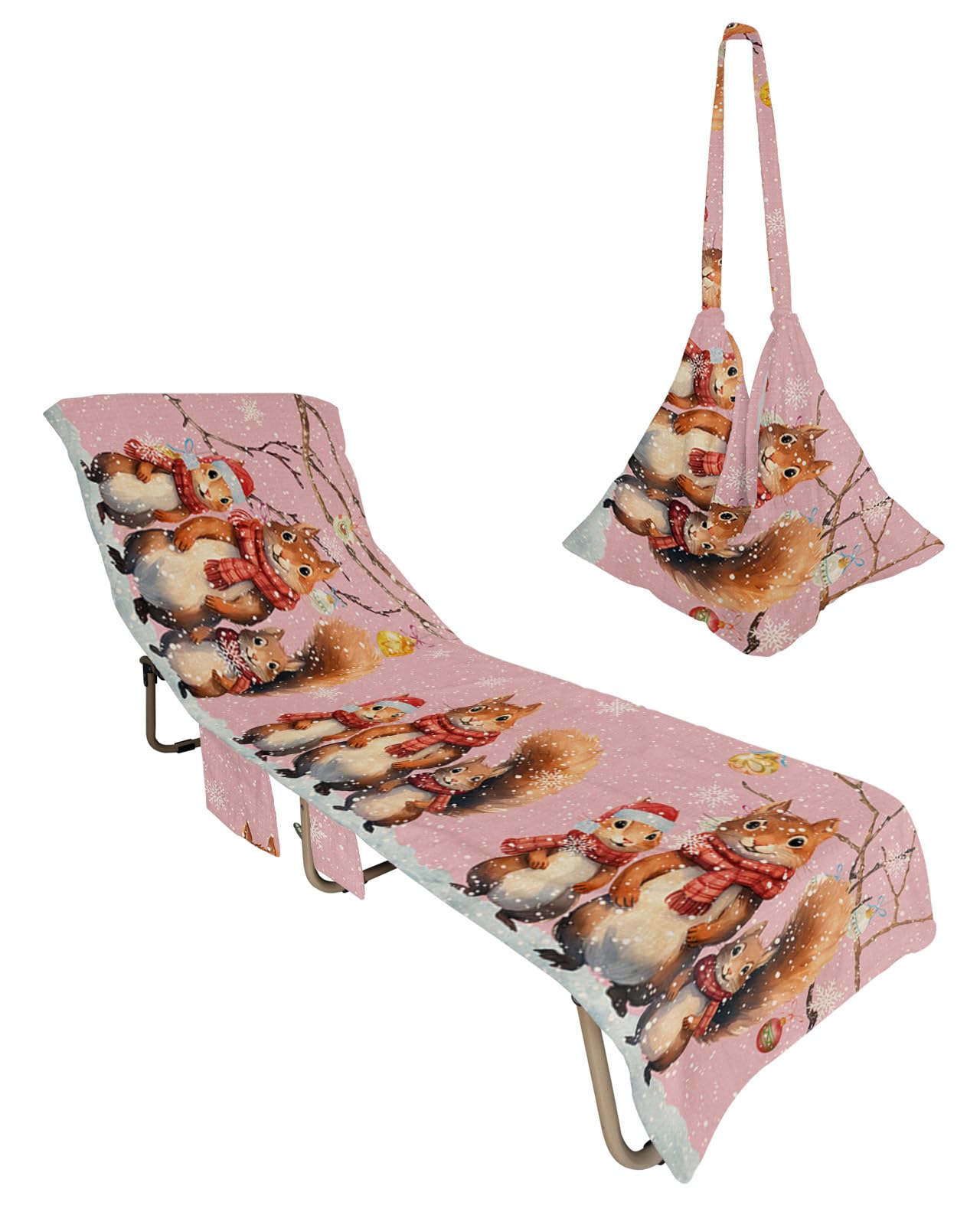 Animal Squirrels Beach Chair Towel Covers for Chaise Lounge with Side Pocket, Soft Plush Pool Towels Cover for Patio Sunbathing Outdoor 29''x85'' Christmas Blush Pink Snowflake