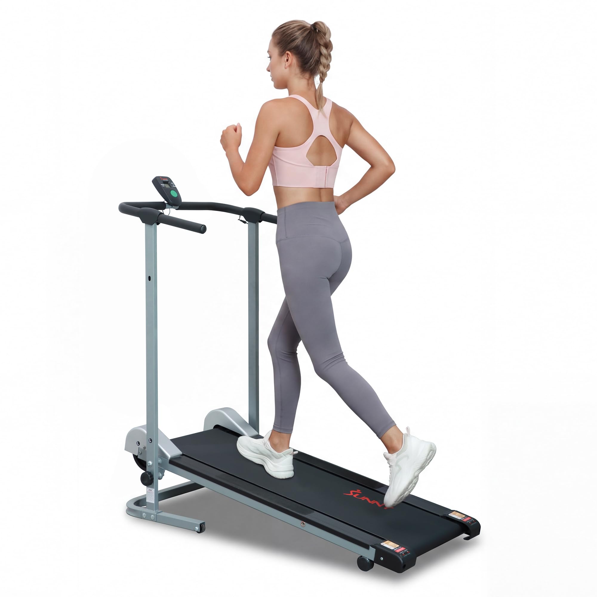 Sunny Health & Fitness Compact & Foldable Treadmill, Manual Treadmill with LCD Display, Non-Slip Surface, Optional Dual Mode Walking/Running, Non-Electric, Fixed Incline fro Home Cardio Exercise