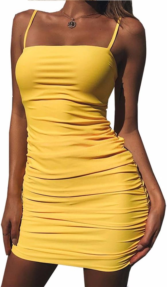 Kaximil Women's Sexy Strap Backless Sleeveless Ruched Mini Bodycon Club Dresses