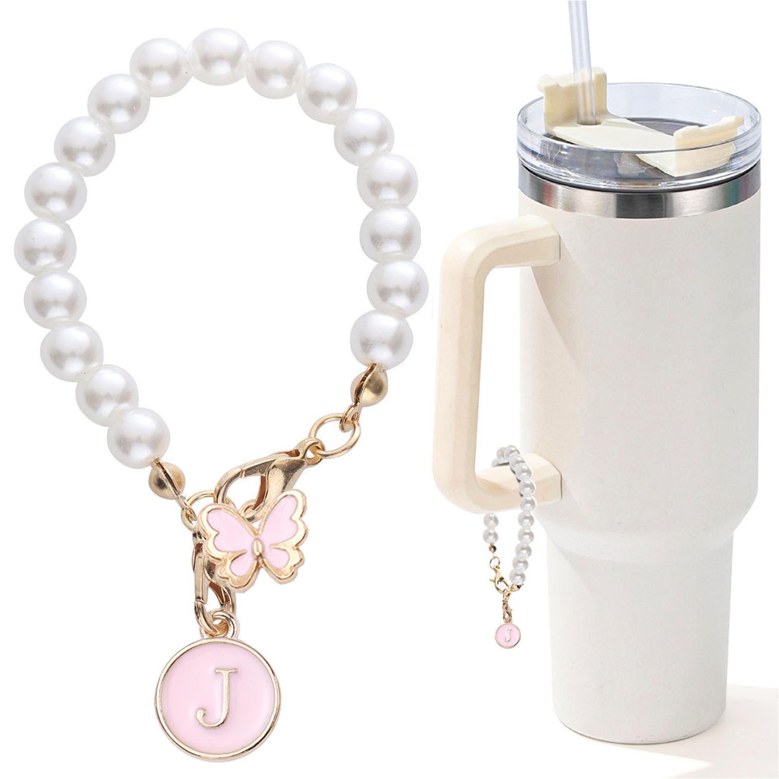 Accessories for Stanley Cup Pearl Chain Initial Accessoriess for Handle Stuff Decor Water Bottle Jewelry Tumbler Cute Simple Modern Personalized Name ID Decorations Letter Pink Tag J