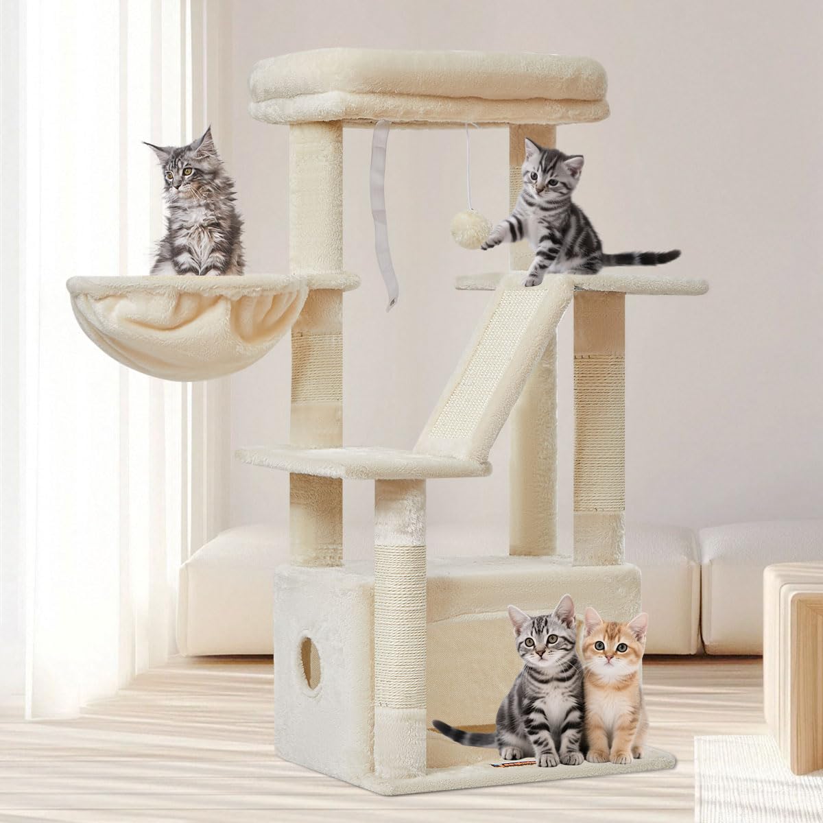 Taoqimiao Kratzbaum Klein, 98cm katzenbaum Stabil KatzenKratzbaum Cat Tree mit Katzenhaus, Korb, 4 Kratzsäulen und Plüschbälle，Beige MS029SM