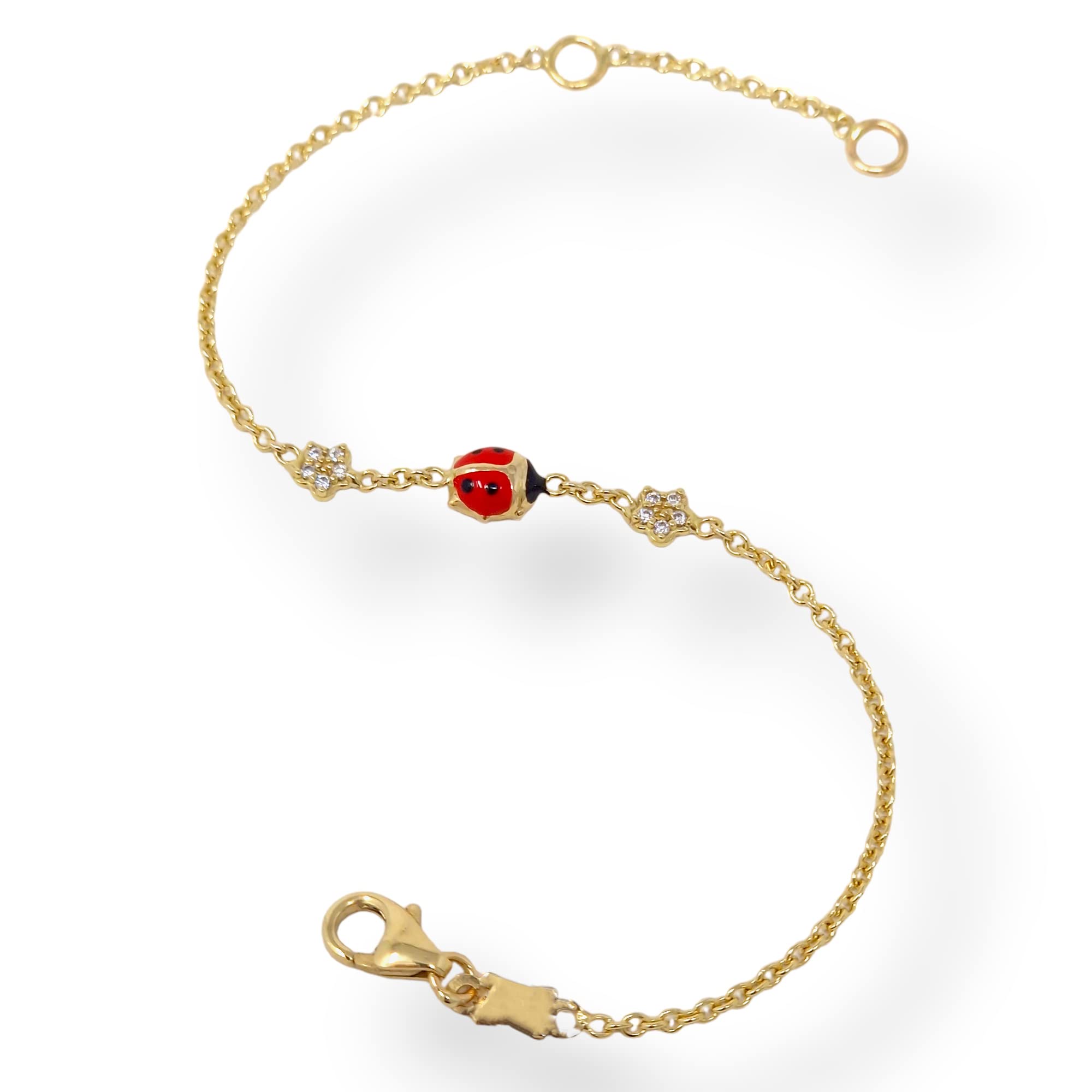 Italian Jewelry and Craftsmanship Bracciale coccinella rossa in oro giallo 18 Kt (750) per neonati o bambini unisex a catena Rolò doppia misura regolabile e fiori
