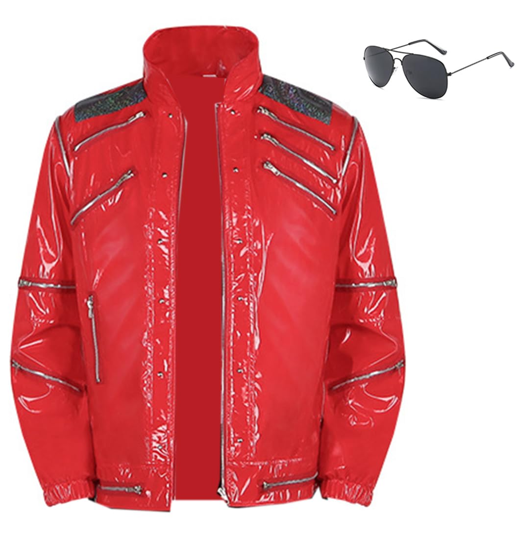 Cnulaueu Mens Jazz Singer Cosplay Costume Red PU Jacket Coat Super Idol Uniform Suit Halloween Stage Punk Outfit Full Set (Red Jacket, X-Large)