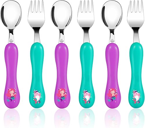 Lehoo Castle Utensilios para niños pequeños, juego de 6 cucharas de tenedor de acero inoxidable, juego de cubiertos para niños pequeños, utensilios