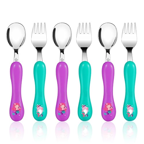 Lehoo Castle Utensilios para niños pequeños, juego de 6 cucharas de tenedor de acero inoxidable, juego de cubiertos para niños pequeños, utensilios