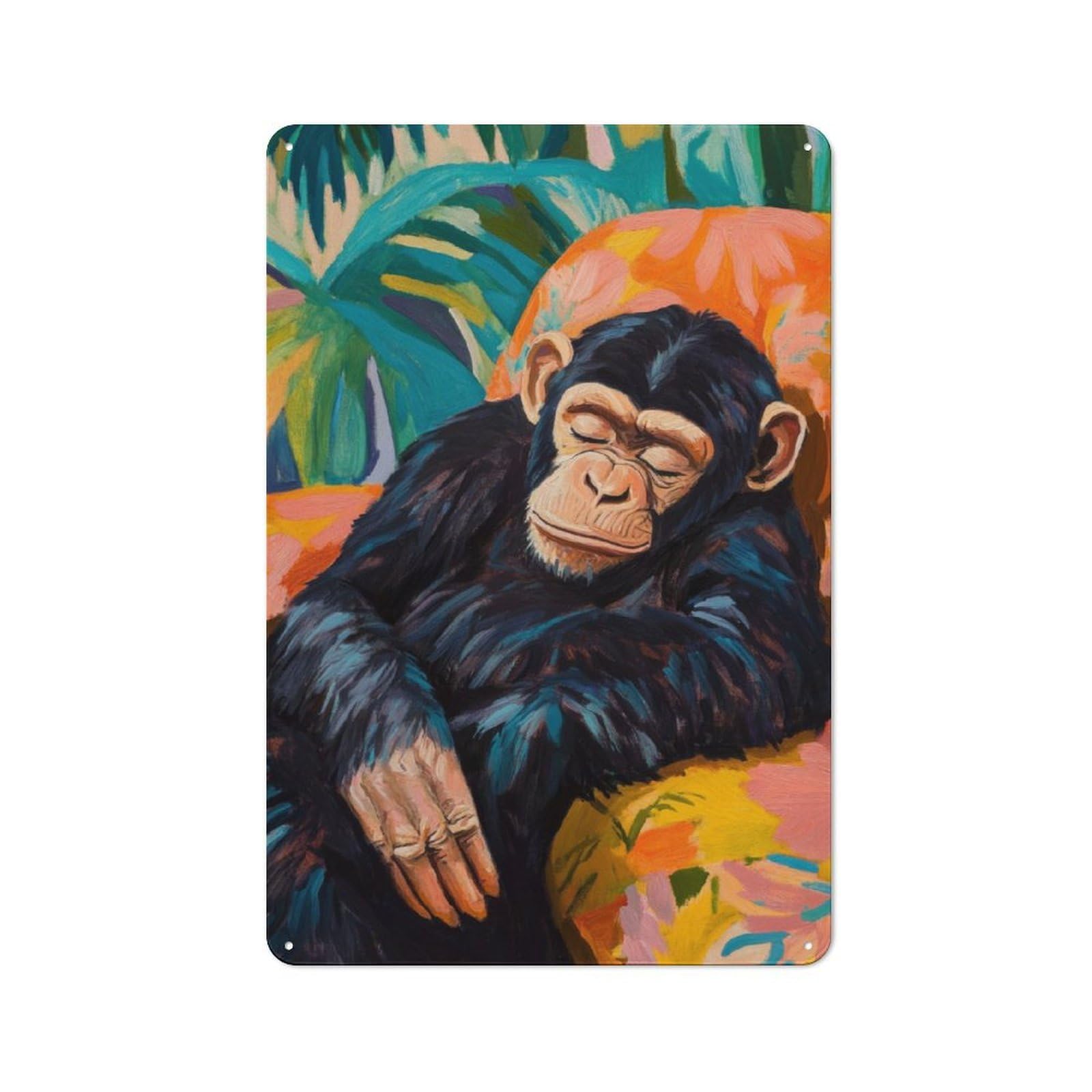 Junmoney Chimpanzee Napping Metal Wall Sign 30X20cm Featuring For Garage Wall, For Kitchen, Dining Room And Home Bar Wall Decor