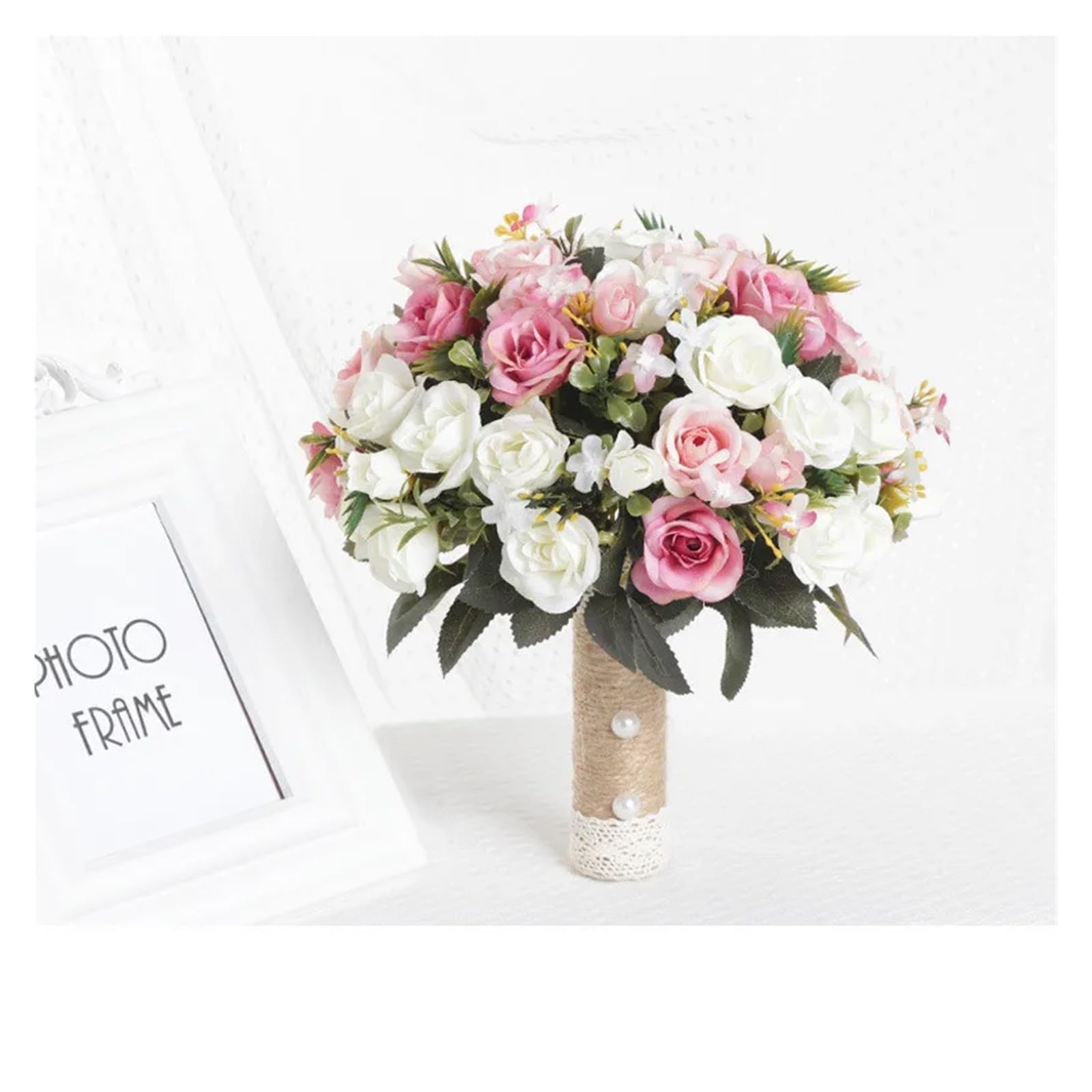 Pink Wedding Bouquet Bride Bridesmaid Holding Flowers Silk Ribbon Roses Artificial Flower Accessories(White pink)