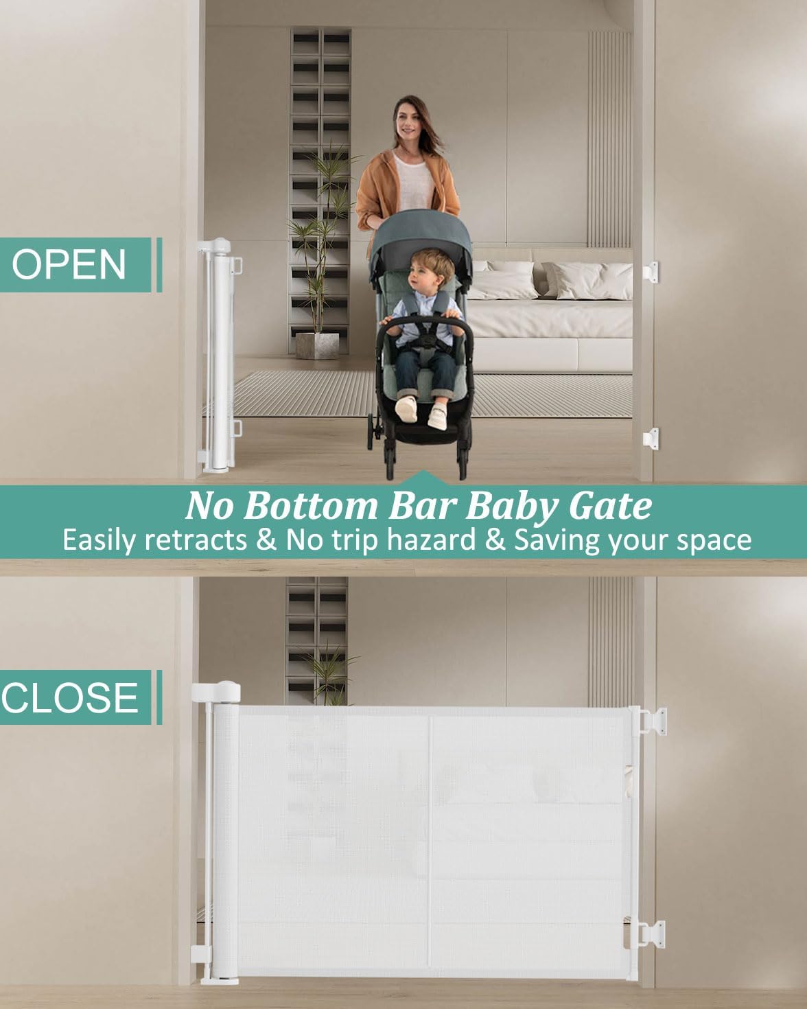 50 inch Retractable Baby Gates 34 inch Tall, Retractable Gate with Reinforced Strip Design to Prevent Crawling Through, Retractable Dog Gate for Stairs, Doorways, Hallways
