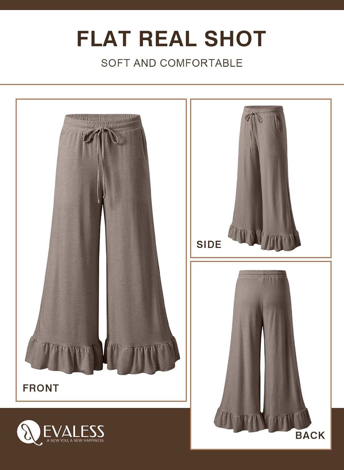 EVALESS Womens Wide Leg Pants Drawstring Elastic High Waisted Ruffle Hem Palazzo Pants with Pockets - Image 5