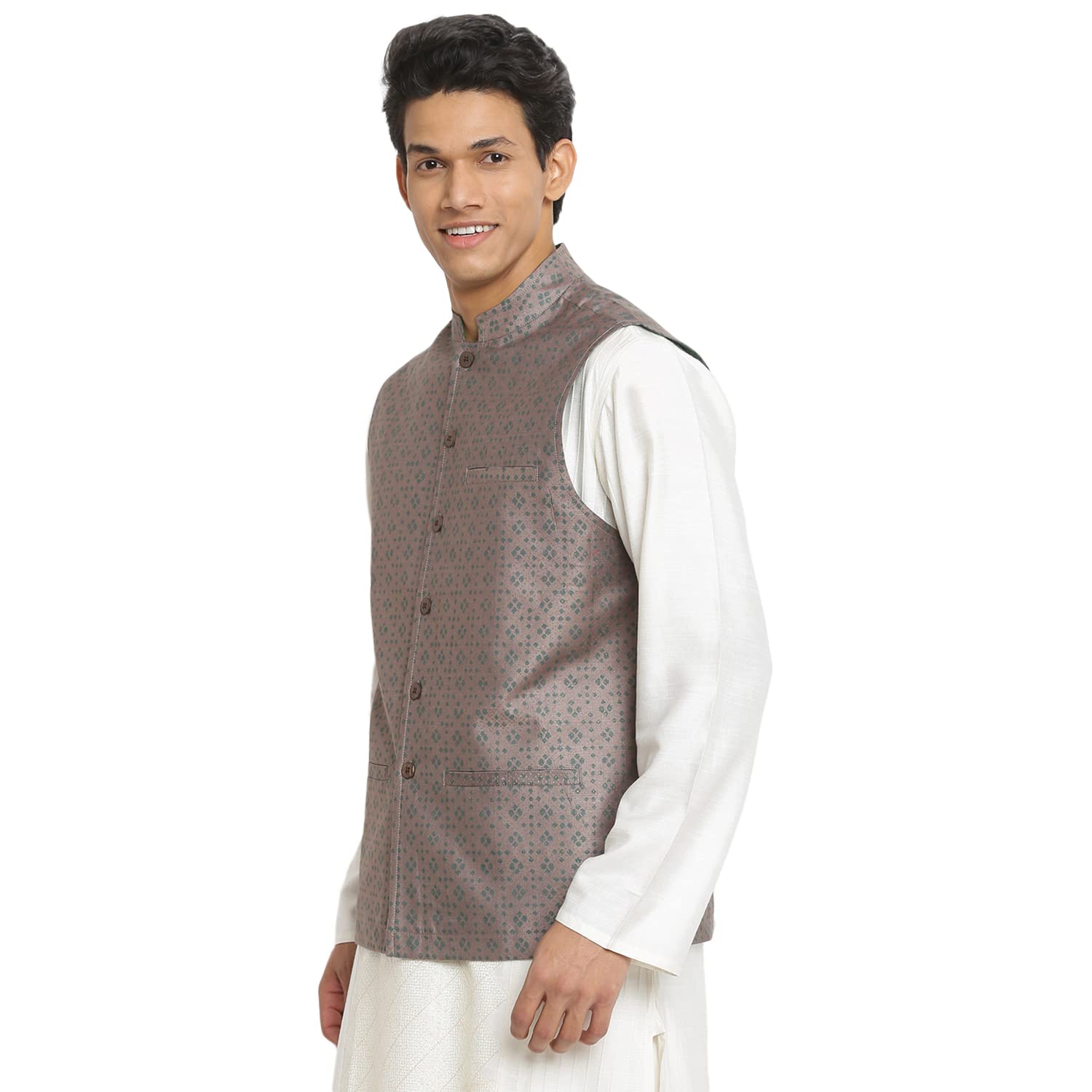 Fabindia Men Collar Viscose Silk Printed Nehru Jacket Chinese_S