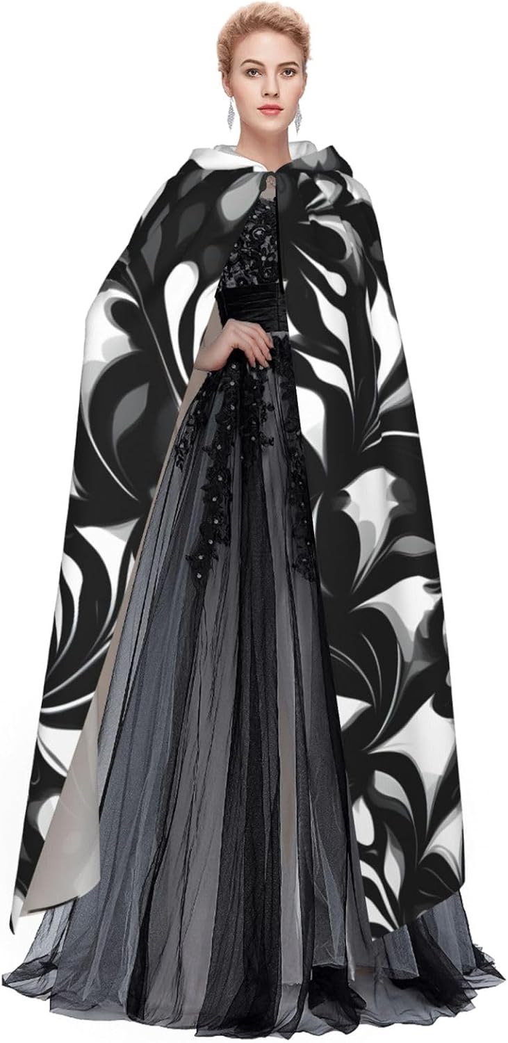 Black and white patterns Print Hooded Cape,Unisex Cloak Party Robe Mardi Gras,Halloween Costume for Men Women