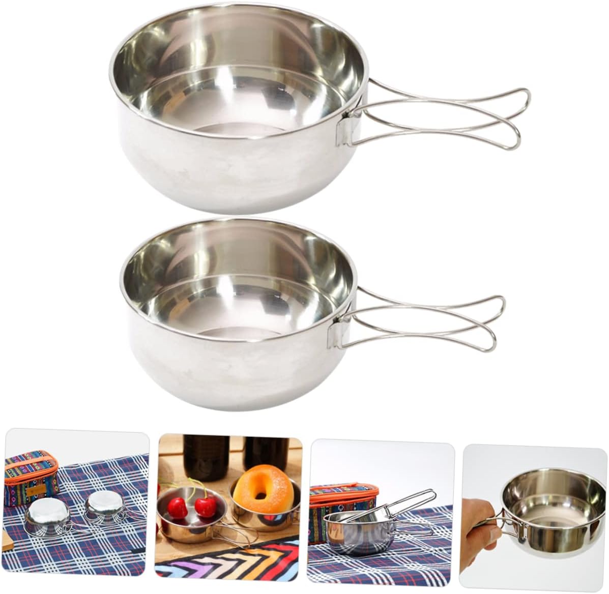 WOONEKY 1set Foldable Stainless Steel Camping Bowl Outdoor Travel Kit for Hiking Picnic Barbecue Lightweight Multi-functional Food Container with Handle