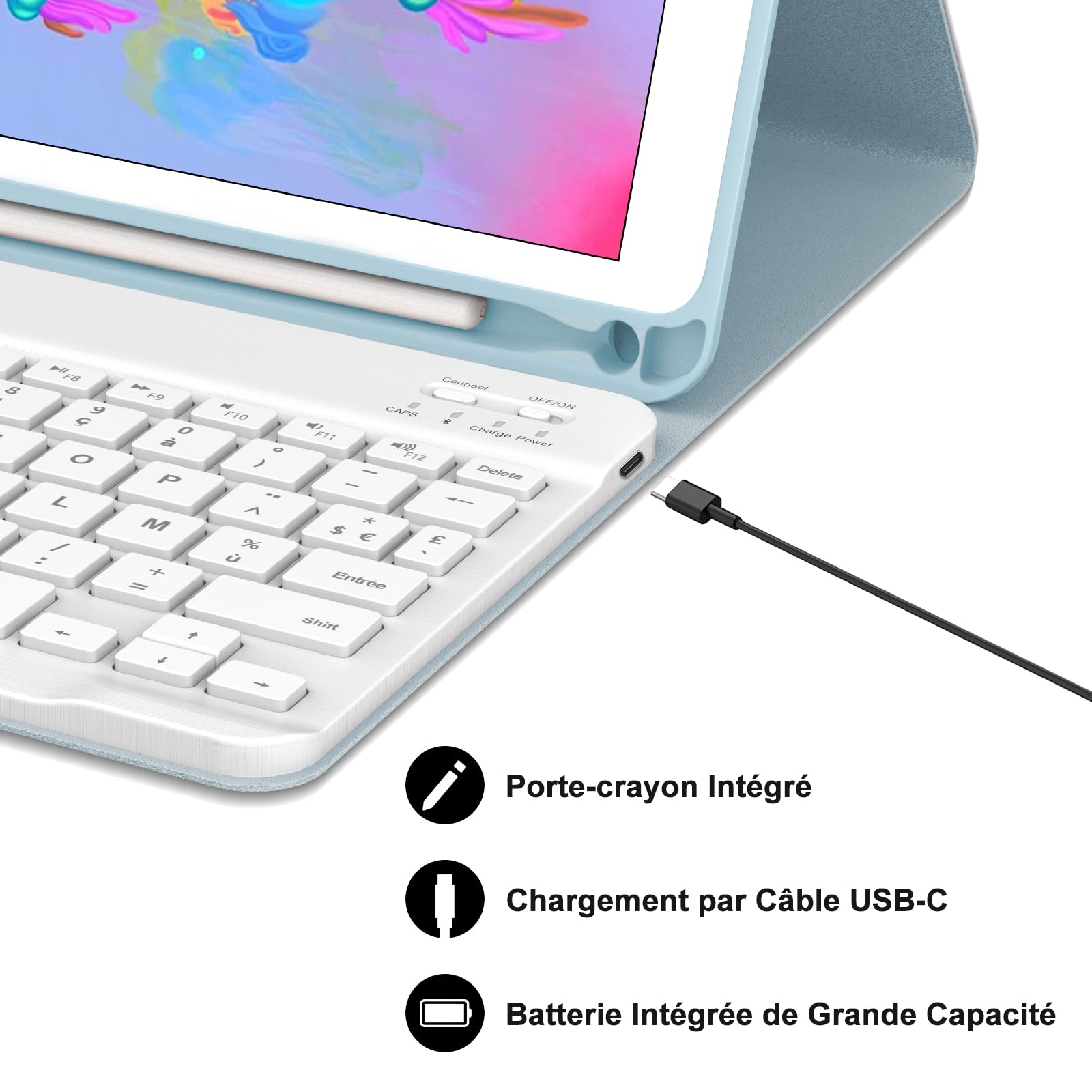 Coque Clavier pour iPad 6e/5e Génération 9.7 Pouces, AZERTY Français Housse Clavier Bluetooth Magnétique Détachable avec Porte Crayon pour iPad 2018/2017 9.7", Air 2/1, Pro 9.7 2016, Bleu Ciel
