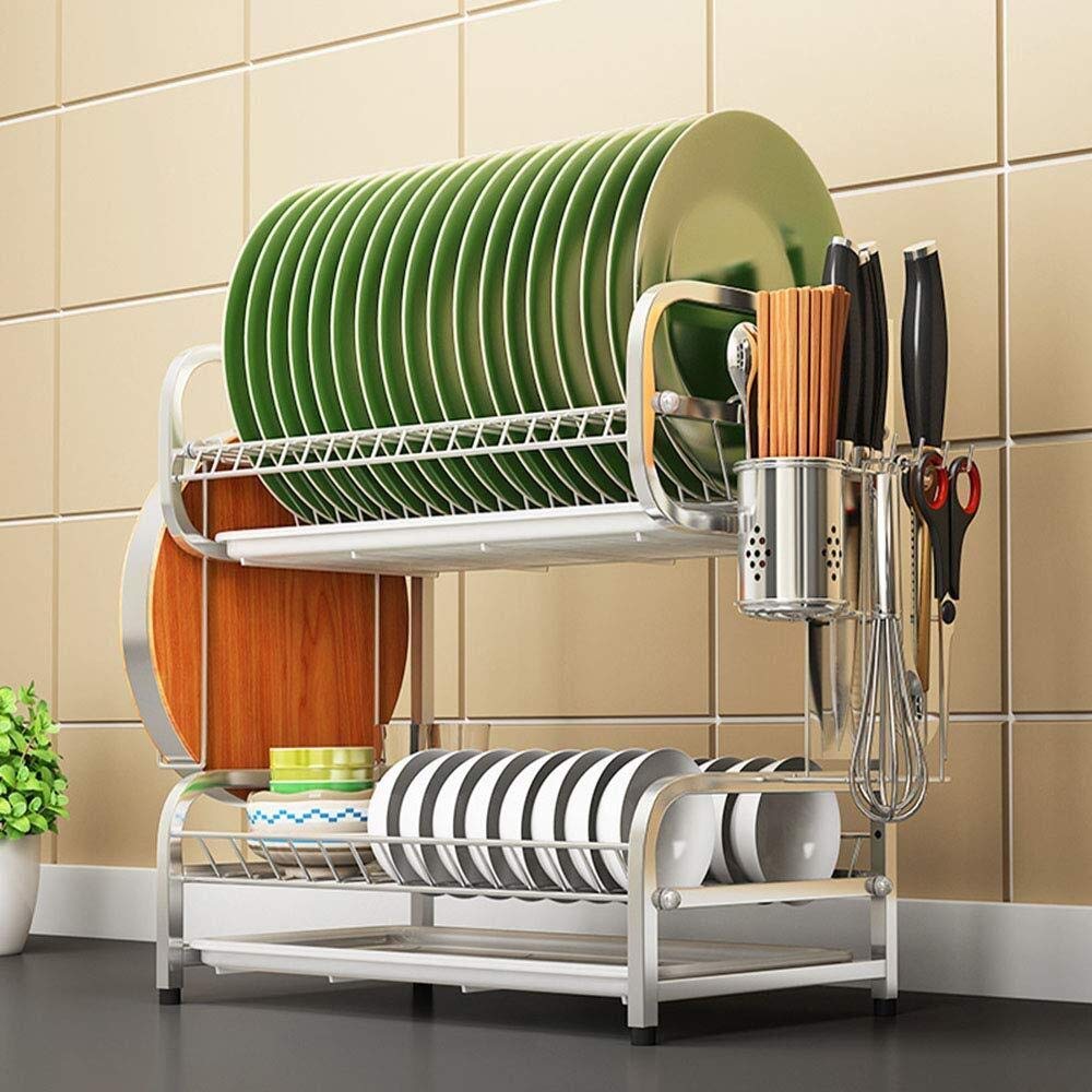 GTHTUHFD Modern Stainless Steel Kitchen Rack 2 Tier Dish Drying Shelf Space Saving Storage Cookware Holder Spice Rack Durable Kitchenware Essential Kitchen Accessories,B