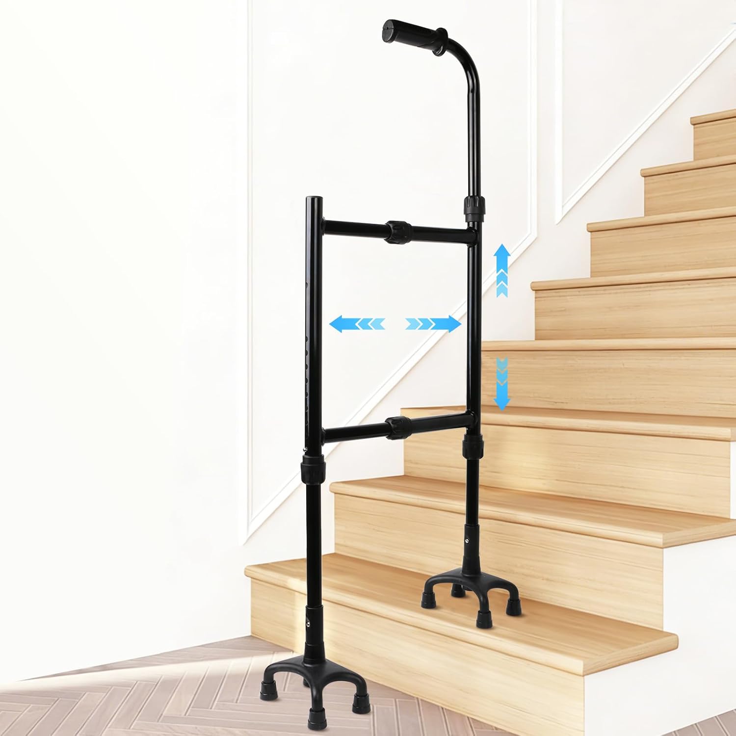 AMOVO Stair Assist Cane for Elderly - Adjustable Height & Width Stair Climbing Aid Devices & Stand Assist, 450lbs Support, Lightweight Portable Stair Helper Fits Indoor Outdoor (Stain Black)