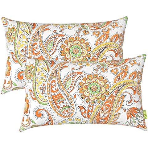 LVTXIII Outdoor/Indoor Lumbar Pillow Case Covers ONLY 12” x 20” Patio Garden Decorative Lumbar Pillow Covers Pack of 2 for Outdoor Home Patio Furniture Use - Paisley White Orange Cover
