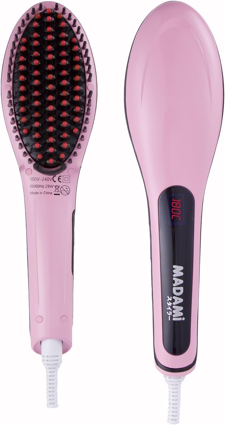 MADAMI Hair Straightening Brush, Ceramic Anti Scald Massage Detangling Straightener Iron with UK Safety Fuse Plug and 100V-240V Universal Voltage, Protective Gloves and Styling Clips, Pink