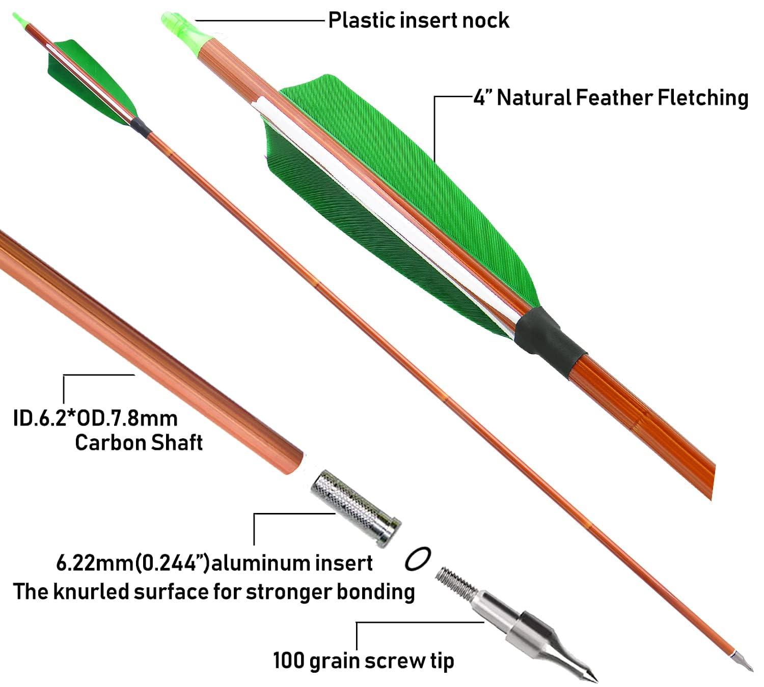 SHARROW 32" Flèche de Carbone Spine 500 Flèche Carbone Flèche Arc Flèches de Chasse avec 4" Plumes Naturelles Flèche pour Cible Tir à l'arc ​Arc Classique Arc A Poulies Longbow