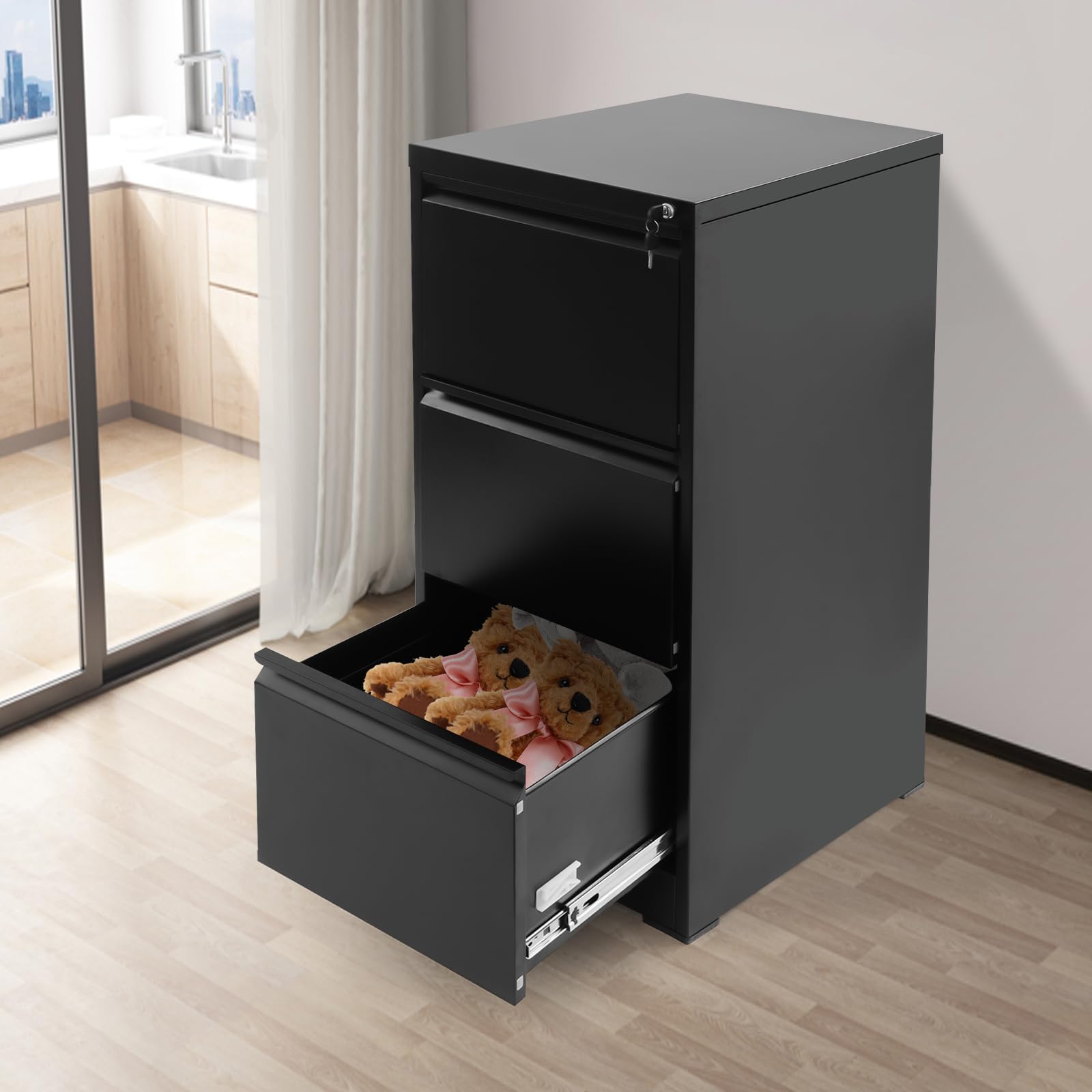Aktenschrank mit 3 abschließbare Schubladen Büroschrank für Homeoffice Metallschrank Akten Lagerschrank für A4, Legal,46 x 62 x 103cm (Reinschwarz)