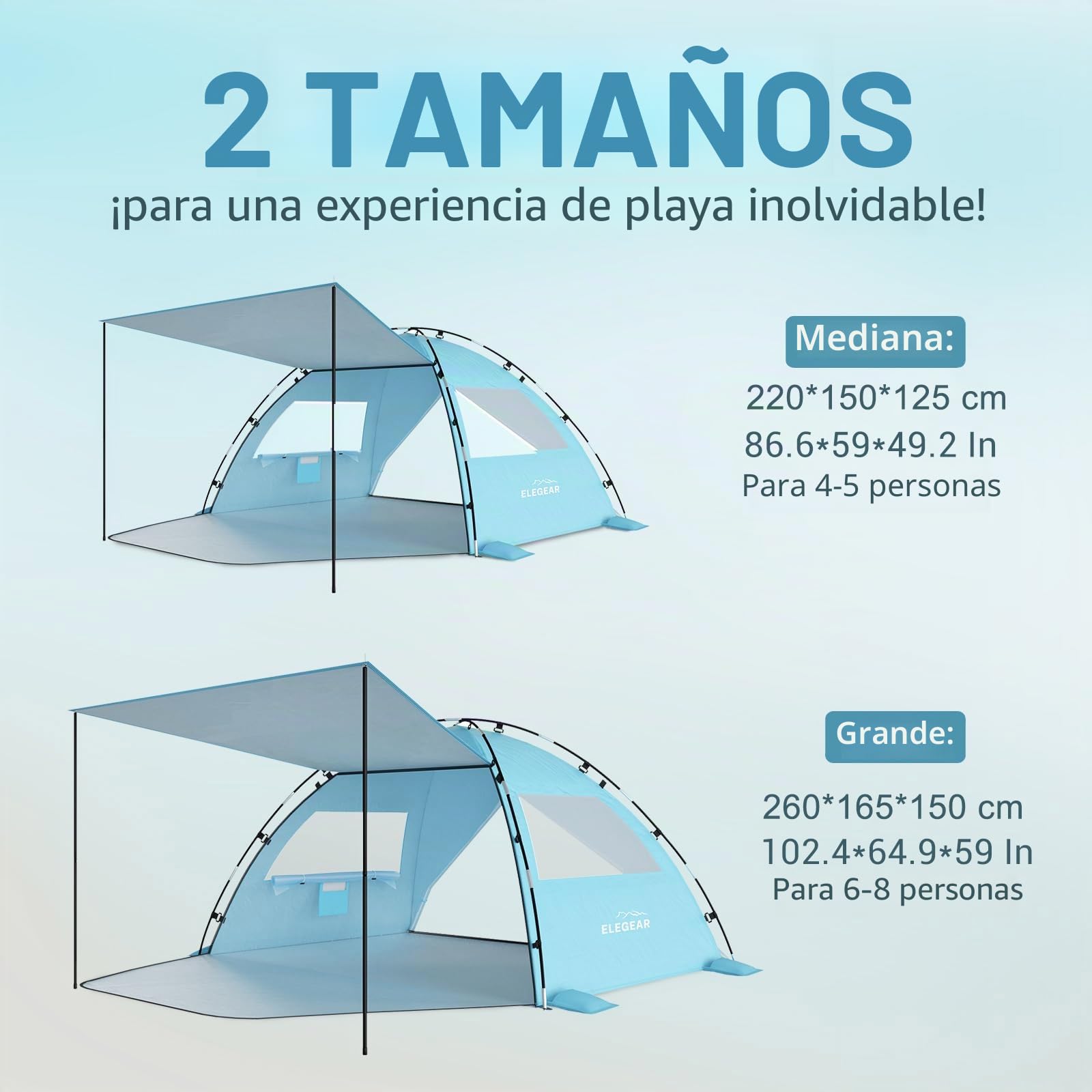 Elegear Tienda de Playa para 6-8 Personas, Tienda de Campaña Protección UV UPF 50+ Portable Canopy con Bolsa de Transporte Refugio Playa Familiar para Varar Parque Camping Pesca, 260x165x150cm, Azul